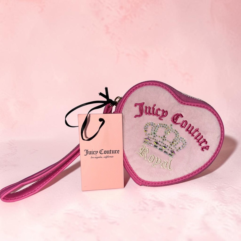 Juicy Couture Kingdom Heart Wristlet Pouch Pink Velour Rhinestone 13JCDBYBU-LP